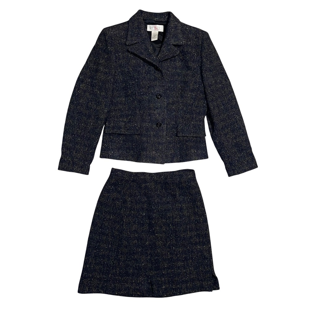 Petite Sophisticate Wool Blend Metallic Tweed Skirt Suit Set Charcoal Gold 8P